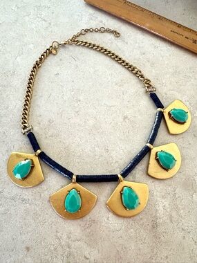 J. Crew Skye Necklace Turquoise Acrylics Teardrop Beads Golden Gold Tone